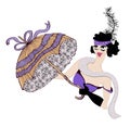 Vintage showgirl dancer with umbrella and dark hair. Cabaret style, hand drawn illustration