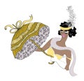 Vintage showgirl dancer with umbrella and dark skin. Cabaret style, hand drawn illustration