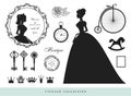 Vintage silhouettes set. Princesses, old keys, crowns, stamps. Royalty Free Stock Photo