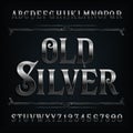 Vintage silver alphabet font. Old metal effect letters and numbers. Royalty Free Stock Photo