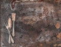 Vintage silver cutlery on rustic textured metal background