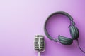 Vintage silver microphone and headphones Royalty Free Stock Photo
