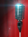 Vintage silver microphone and red curtain backdrop. 3D render il