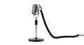 A vintage silver microphone on a small black stand with a coiled black cable isolated on white background Royalty Free Stock Photo