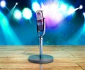 Vintage silver microphone wood karaoke background 3d illustration