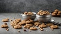 Vintage silver spoons with brown cookies of walnuts shape on grey concrete background