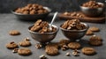Vintage silver spoons with brown cookies of walnuts shape on grey concrete background