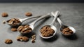 Vintage silver spoons with brown cookies of walnuts shape on grey concrete background