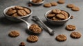 Vintage silver spoons with brown cookies of walnuts shape on grey concrete background