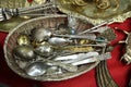 Vintage silver spoons at the flea market. Moscow. 07.02.2018 Royalty Free Stock Photo