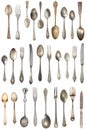 Vintage Silverware, antique spoons, forks, knives, ladle, cake shovels isolated on isolated white background. Antique silverware.
