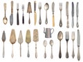 Vintage Silverware, antique spoons, forks, knives, ladle, cake shovels, kettle, tray and ice bucket isolated on isolated white