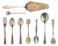 Vintage Silverware, antique spoons, knives, cake shovels isolated on isolated white background. Antique silverware. Retro