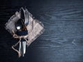 Vintage silverware on rustic wooden background. Top view of kitchen cutlery setting on grunge restaurant table Royalty Free Stock Photo