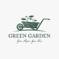 Vintage simple badge, label, seal, garden logo, gardening equipment vector, with wood wheelbarrow and growing plant concept Royalty Free Stock Photo