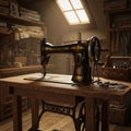 Vintage Singer sewing machine on a wooden table in a dimly lit workshop. The black Royalty Free Stock Photo