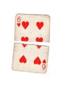 A vintage six of hearts playing card torn in half. Royalty Free Stock Photo