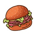 Vintage sketch illustration with doodle burger on white background. Vector. Tasty fast food. Hand drawing