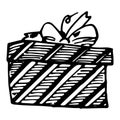 a gift box in a package with a pattern of lines with a ribbon bow on top, a horizontal box insulated with a black