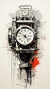 Vintage sketch of watch on white background. Digital vertical watercolor painting effect Royalty Free Stock Photo