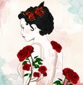 Vintage sketch of a woman with red roses Royalty Free Stock Photo