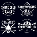 Vintage ski or winter sports logos, badges, emblems, design elements. Vector illustration. Monochrome Graphic Art Royalty Free Stock Photo