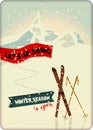 vintage skiing and winter sports metal sign, free copy space, ficitonal ertwork,vector Royalty Free Stock Photo