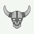 Vintage skull in viking helm in retro style. Monochrome Graphic