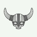 Vintage skull in viking helm in retro style.