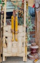 Vintage sled and snow shoe outdoor. Old wooden sledge and wooden scates, runners