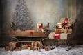 vintage sleigh with presents and snowy backdrop