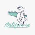 Vintage slogan typography go surf california a bear carrying a surfboard