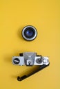 A vintage SLR camera with chrome body, lens detached. Royalty Free Stock Photo