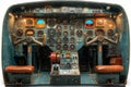 Vintage small airplane cockpit control panel featuring dual seating setup and instrumentation Royalty Free Stock Photo