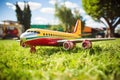 vintage small carnival airplane ride over grass