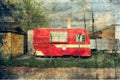 Vintage Small Red Camper Trailer and Clothesline