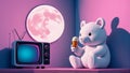 Vintage small TV moon wall mount teddy bear watching Royalty Free Stock Photo