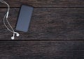 Vintage smartphone mockup flat lay on old wood table top wood background texture space concept workspace office blank empty