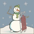 Vintage snowman with sled