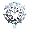Vintage snowy wall clock with ornate dial and snowflake isolated on white background. Sample of Christmas and New year