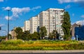 Vintage socialist residential towers at Rondo Jazdy Polskiej circle and Polna street in Warsaw, Poland