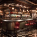 A vintage soda fountain with retro soda jerk uniforms and glass soda dispensers2