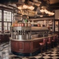 A vintage soda fountain with retro soda jerk uniforms and glass soda dispensers1