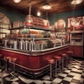 A vintage soda shop counter with soda dispensers and milkshake glasses1