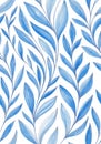 Vintage soft blue nature seamless pattern. Watercolor painting blue twigs with leaves with silver contours on white background Royalty Free Stock Photo