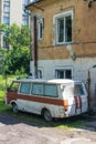 Vintage Soviet ambulance on the street of Drohobych. Ukraine