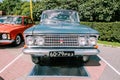 Vintage soviet Moskvich-408 car at retro show. Moskvich 408 auto in Peacock Blue colour