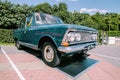 Vintage soviet Moskvich-408 car at retro show. Moskvich 408 auto in Peacock Blue colour