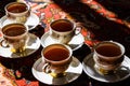 Vintage soviet porcelain cups of tea with saucers on turkish carpet, traditional tea ceremony, sunlight Royalty Free Stock Photo