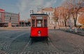 Vintage Soviet tram in Sovetsk or Tilsit. Main Town Square